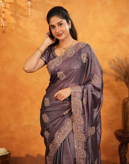 Dusty Purple Vichitra Silk Stone Work Embroidery Saree