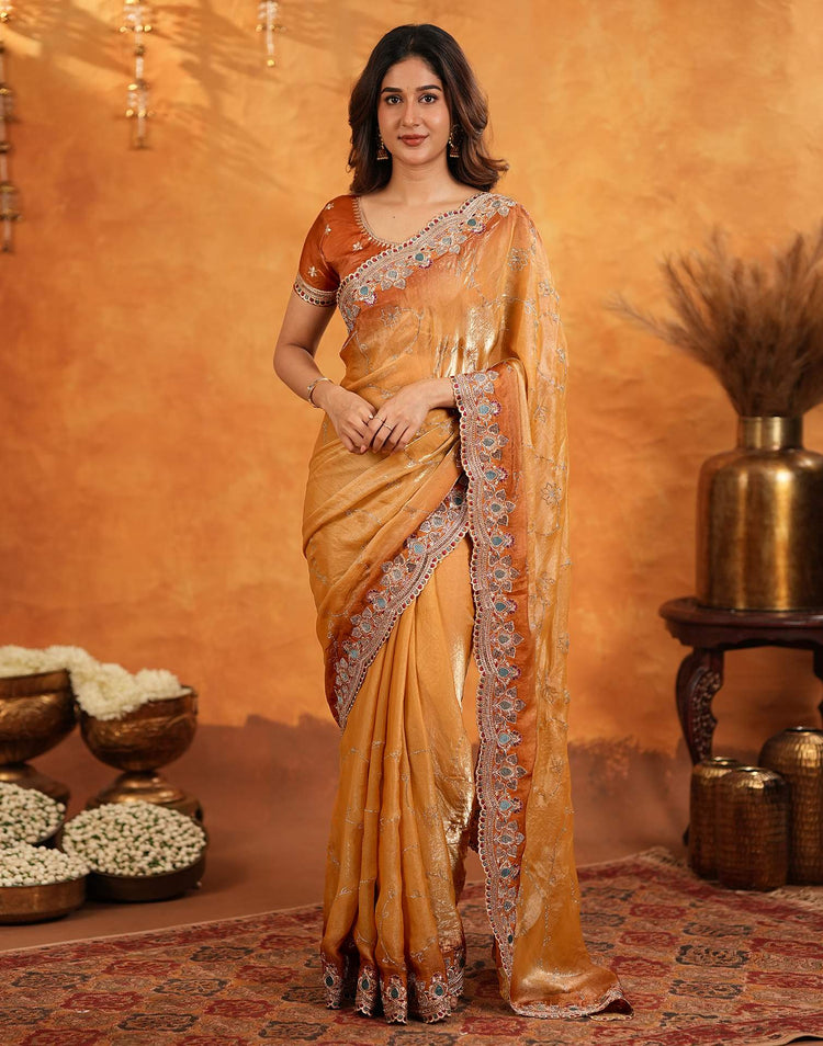 Light Orange Tissue Silk Stone Work Embroidery Saree