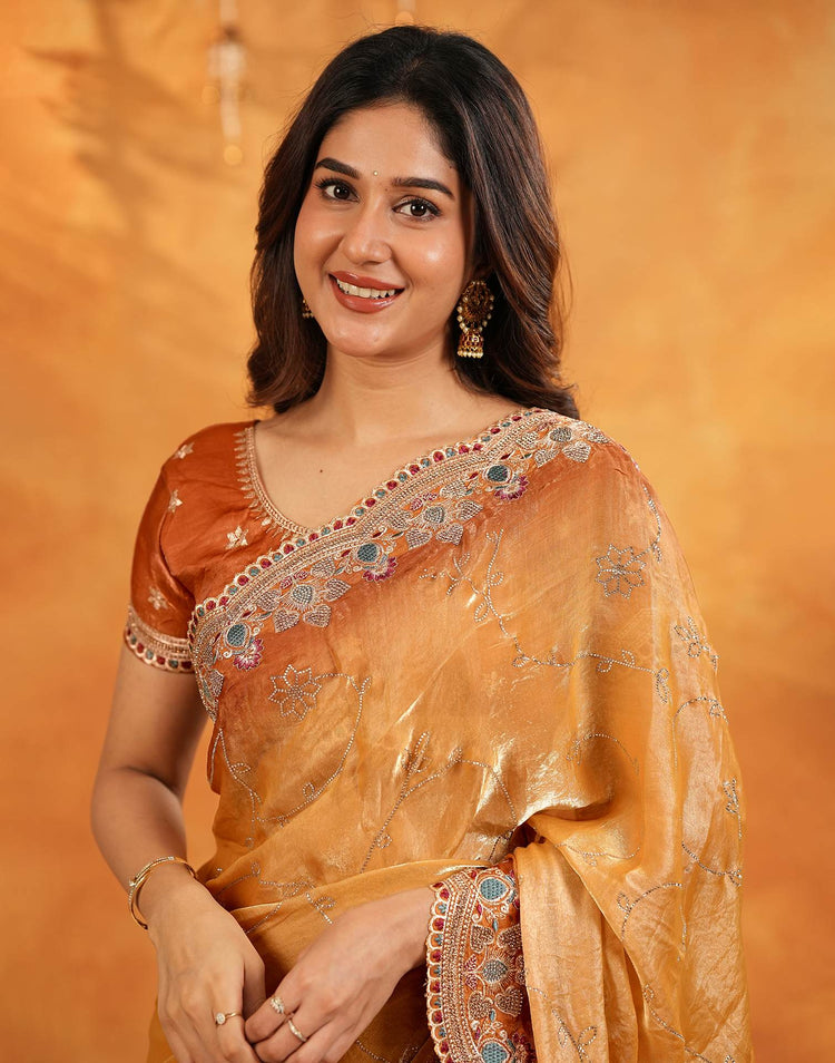 Light Orange Tissue Silk Stone Work Embroidery Saree