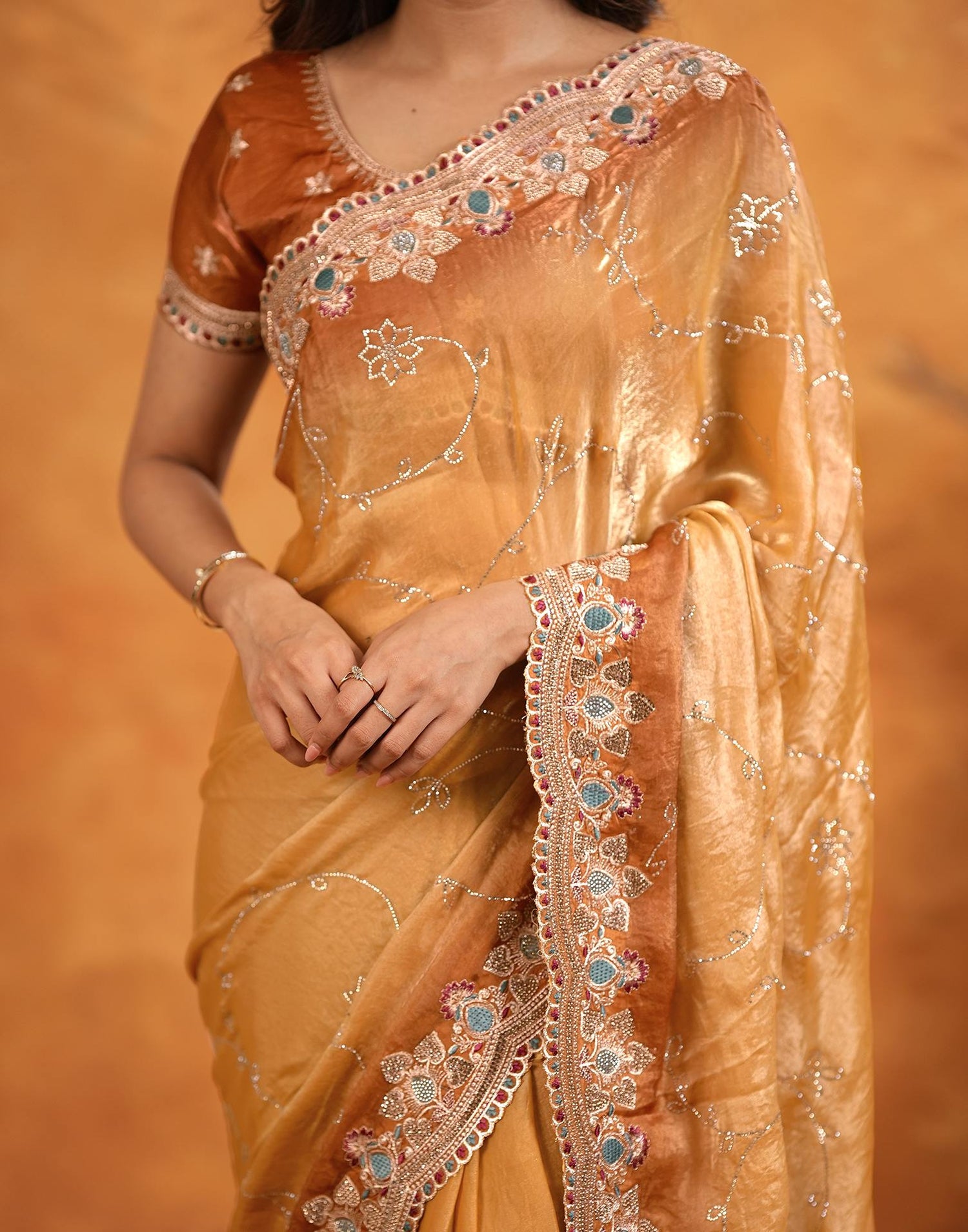 Light Orange Tissue Silk Stone Work Embroidery Saree