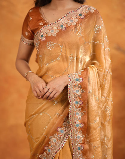 Light Orange Tissue Silk Stone Work Embroidery Saree