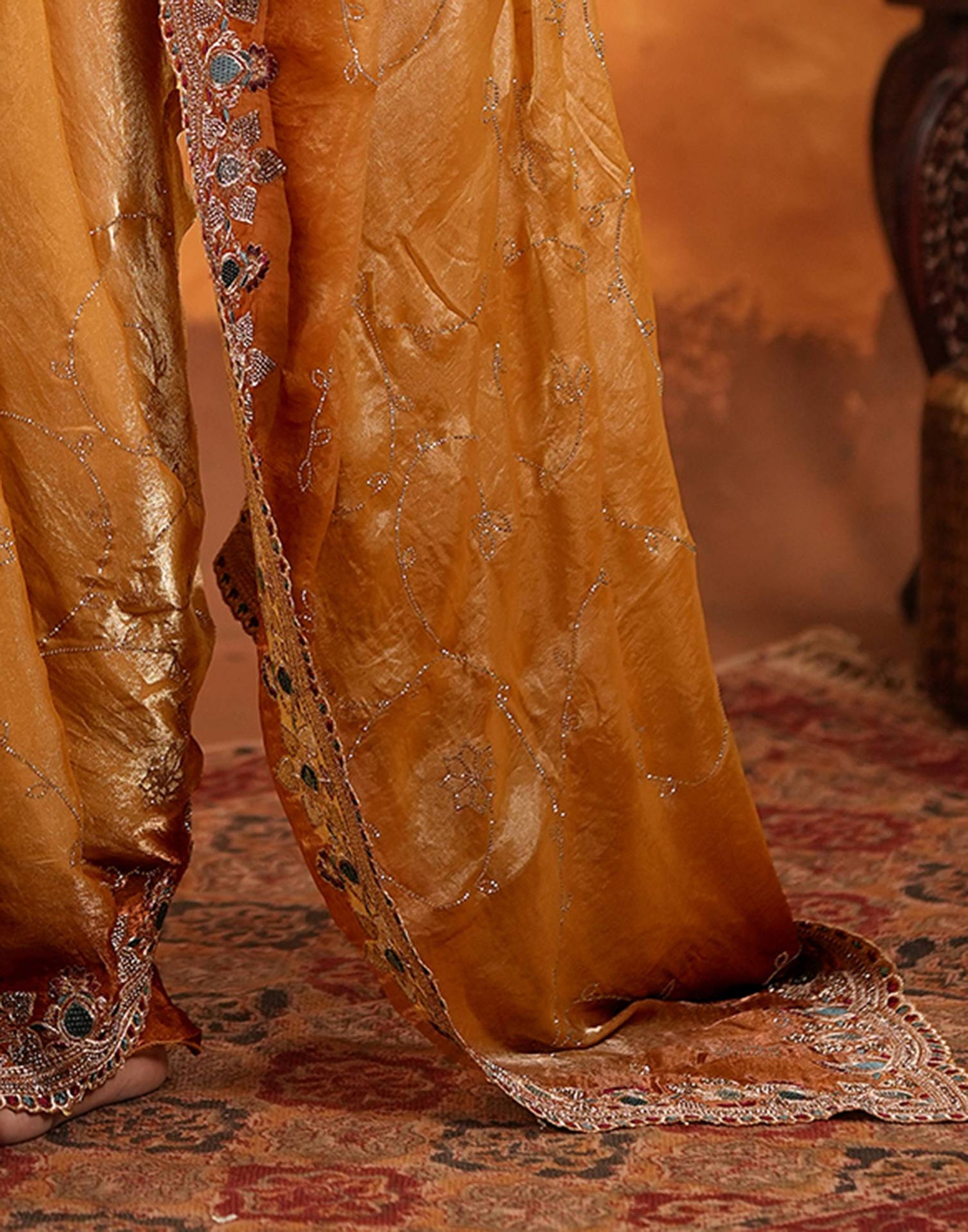 Light Orange Tissue Silk Stone Work Embroidery Saree