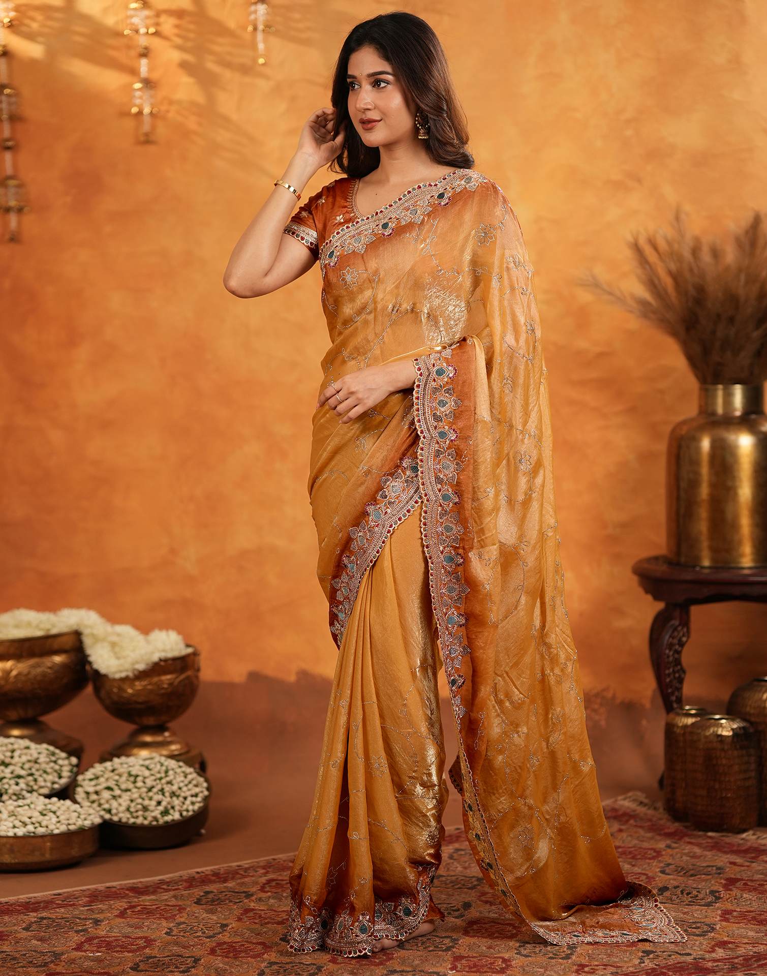Light Orange Tissue Silk Stone Work Embroidery Saree