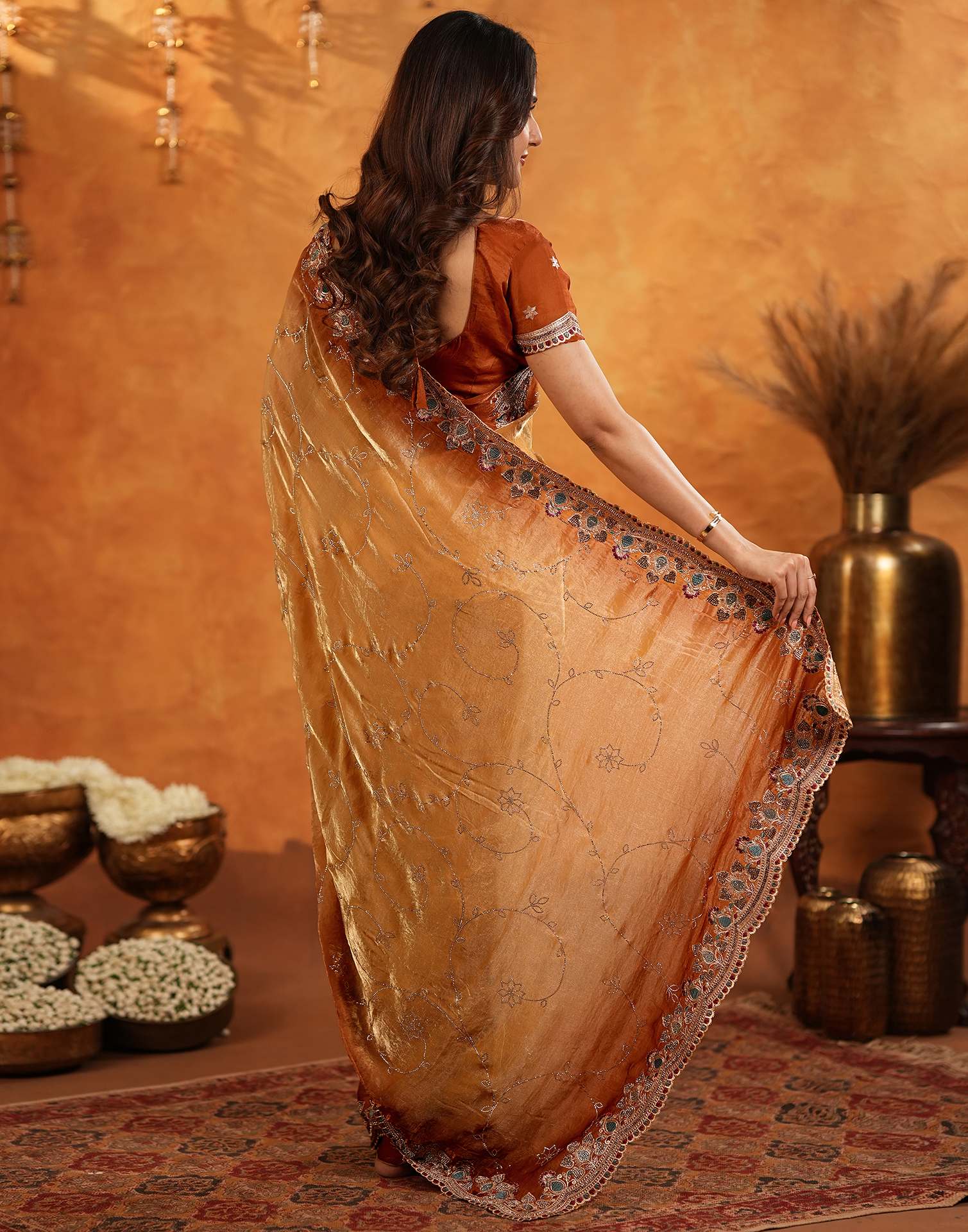 Light Orange Tissue Silk Stone Work Embroidery Saree