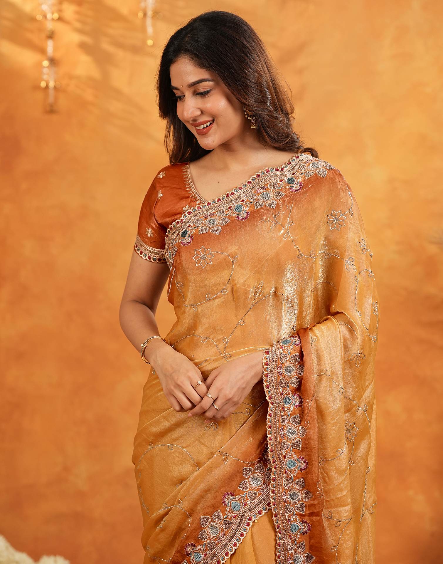 Light Orange Tissue Silk Stone Work Embroidery Saree