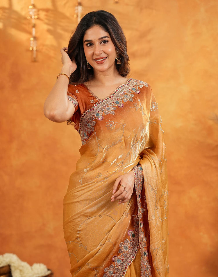 Light Orange Tissue Silk Stone Work Embroidery Saree