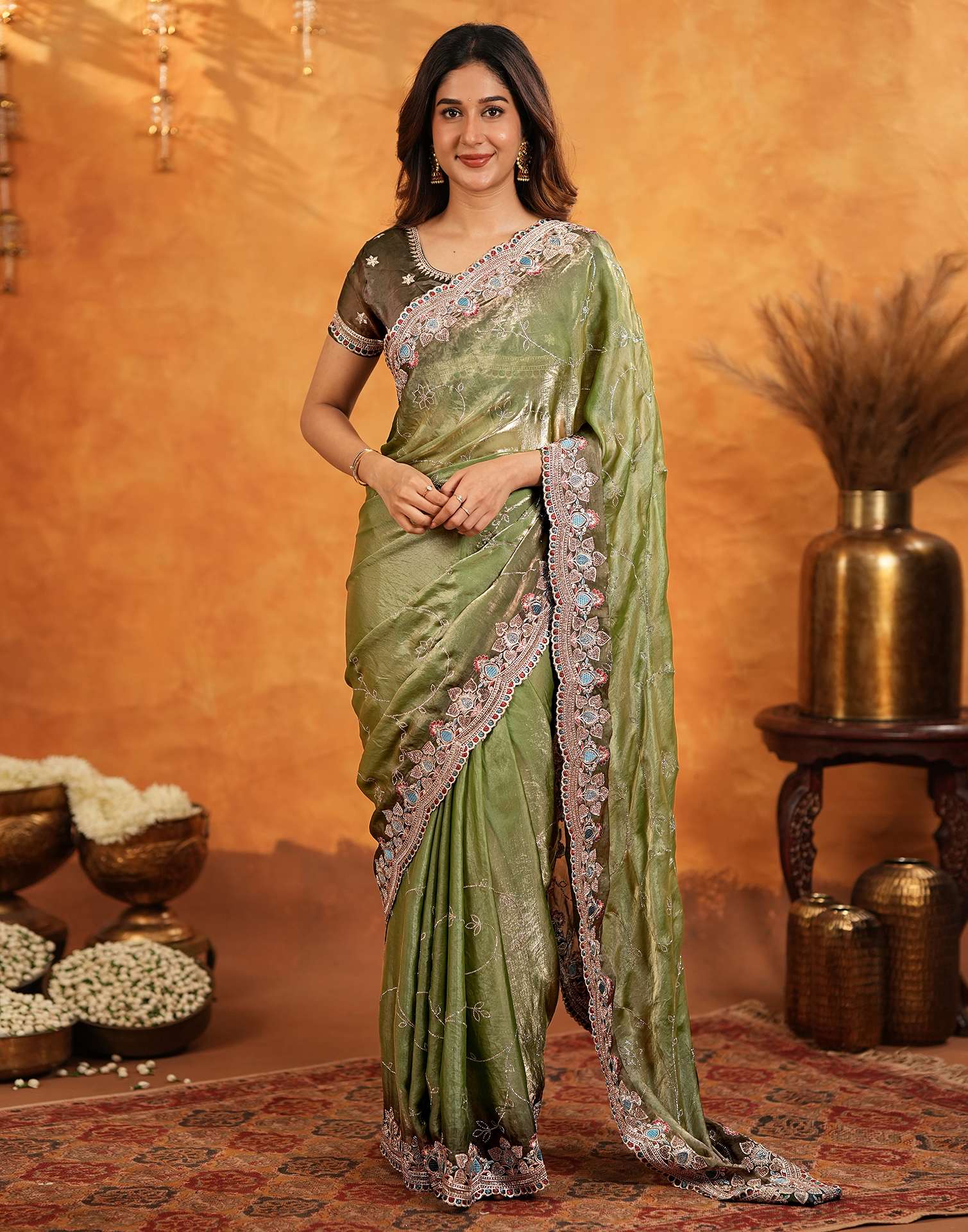 Light Green Tissue Silk Stone Work Embroidery Saree