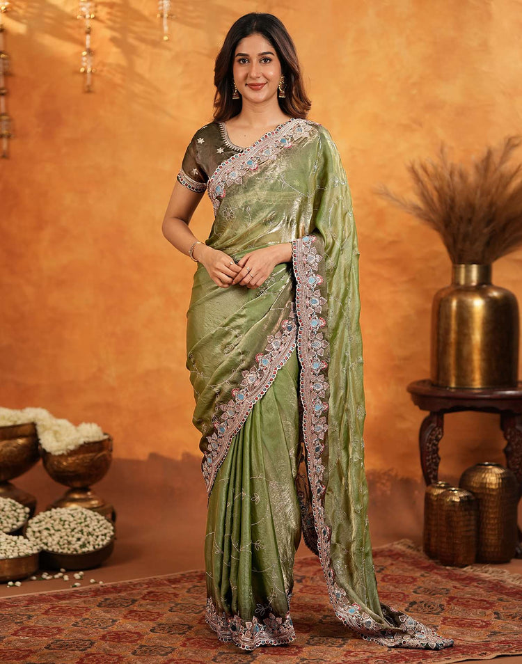 Light Green Tissue Silk Stone Work Embroidery Saree