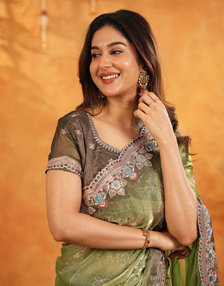 Light Green Tissue Silk Stone Work Embroidery Saree