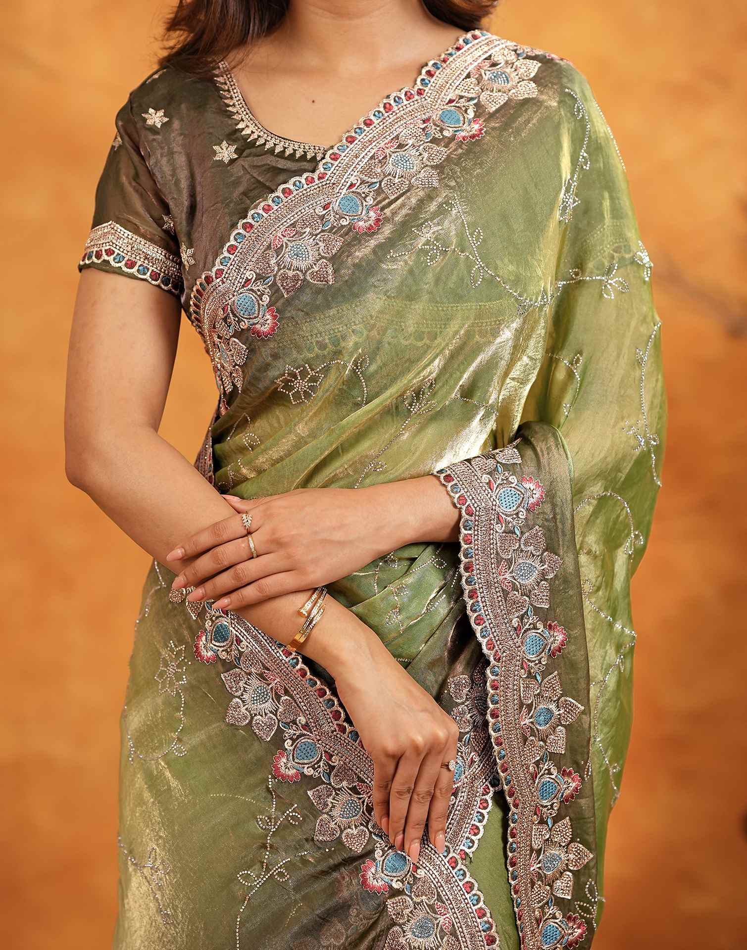 Light Green Tissue Silk Stone Work Embroidery Saree