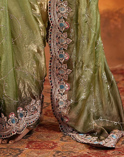 Light Green Tissue Silk Stone Work Embroidery Saree