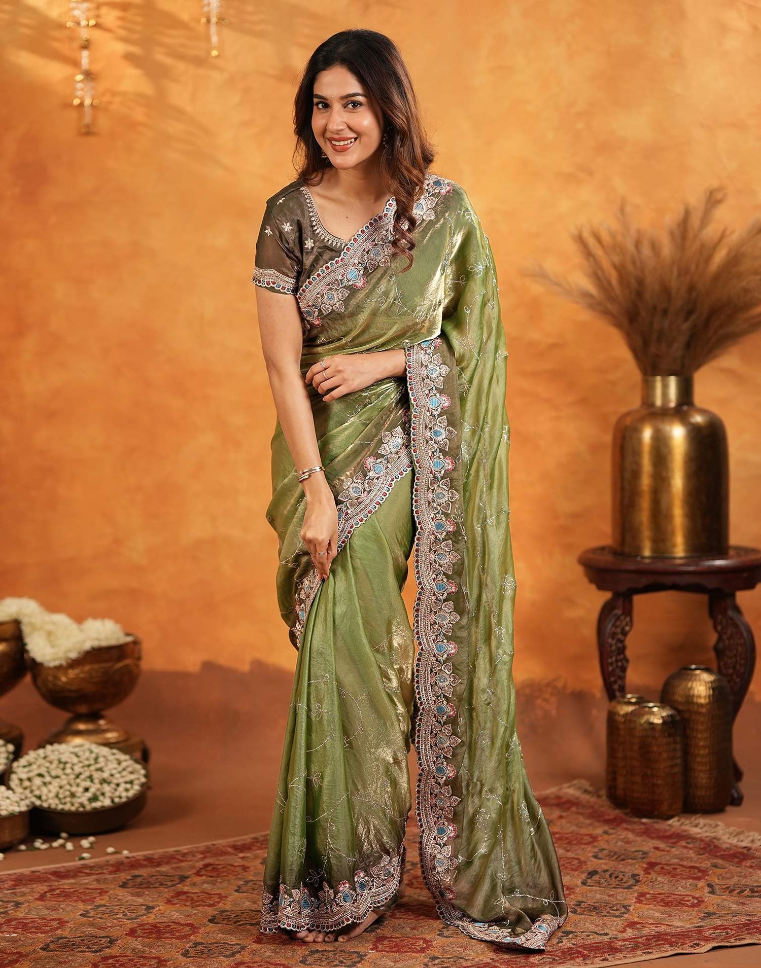 Light Green Tissue Silk Stone Work Embroidery Saree