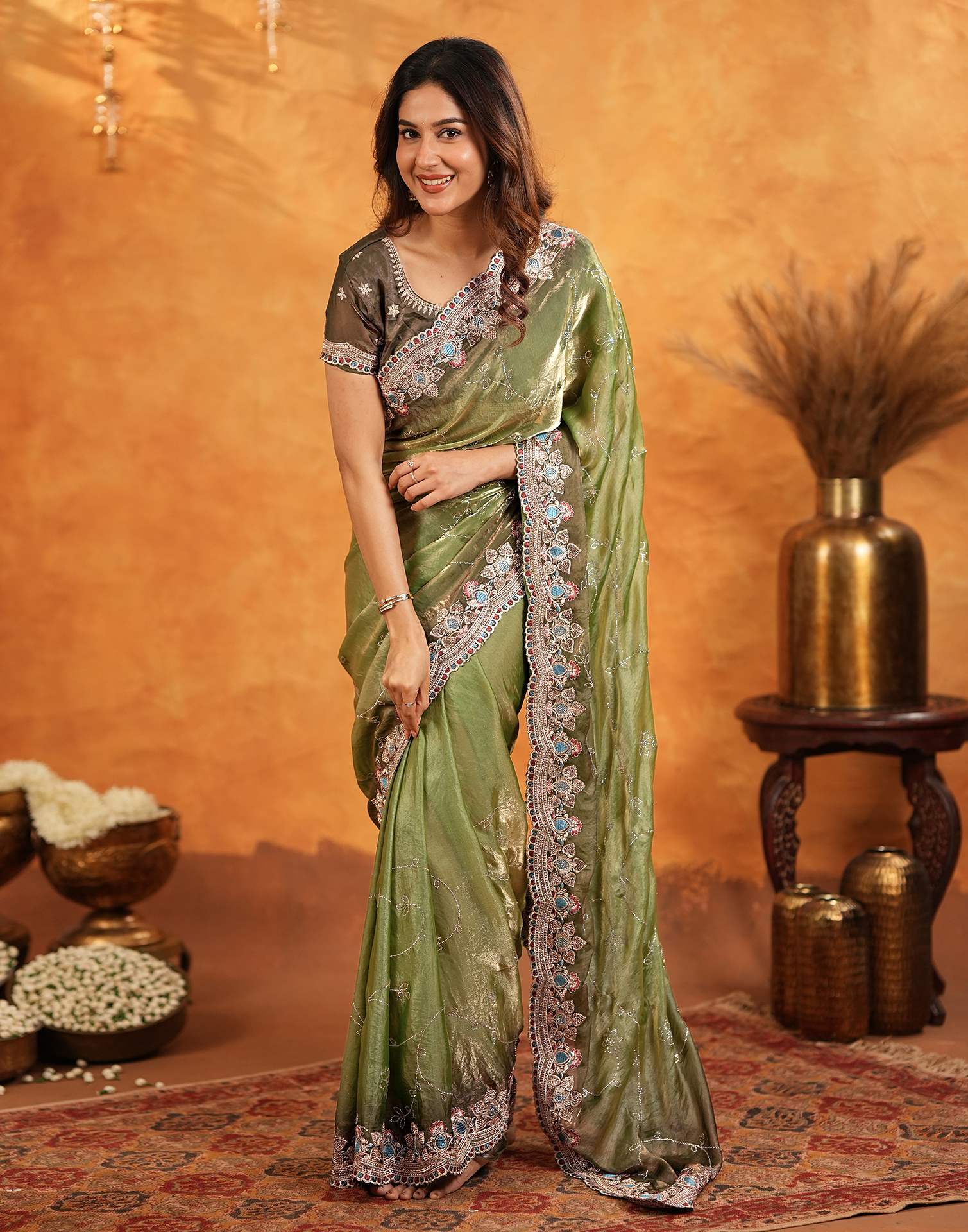 Light Green Tissue Silk Stone Work Embroidery Saree