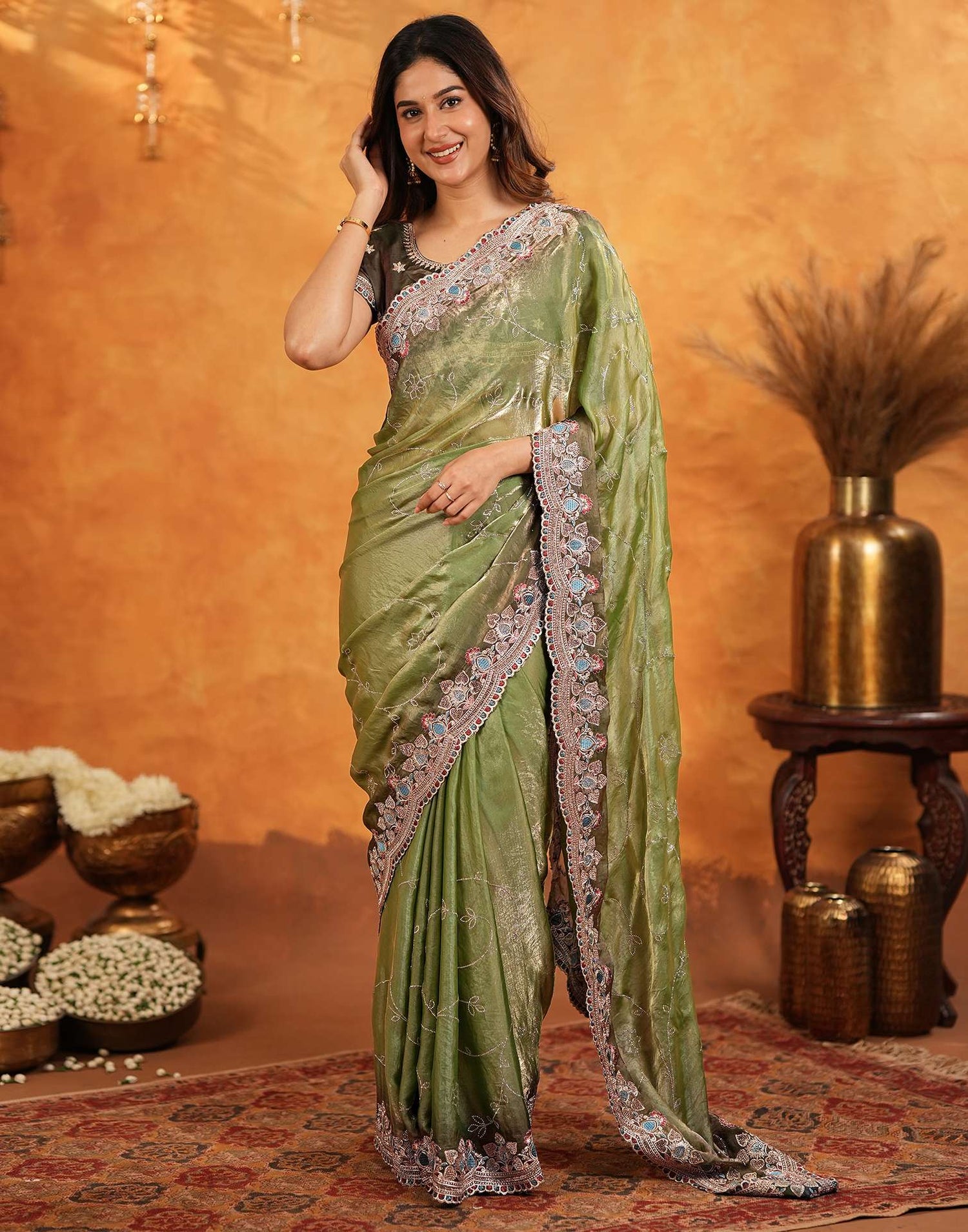Light Green Tissue Silk Stone Work Embroidery Saree