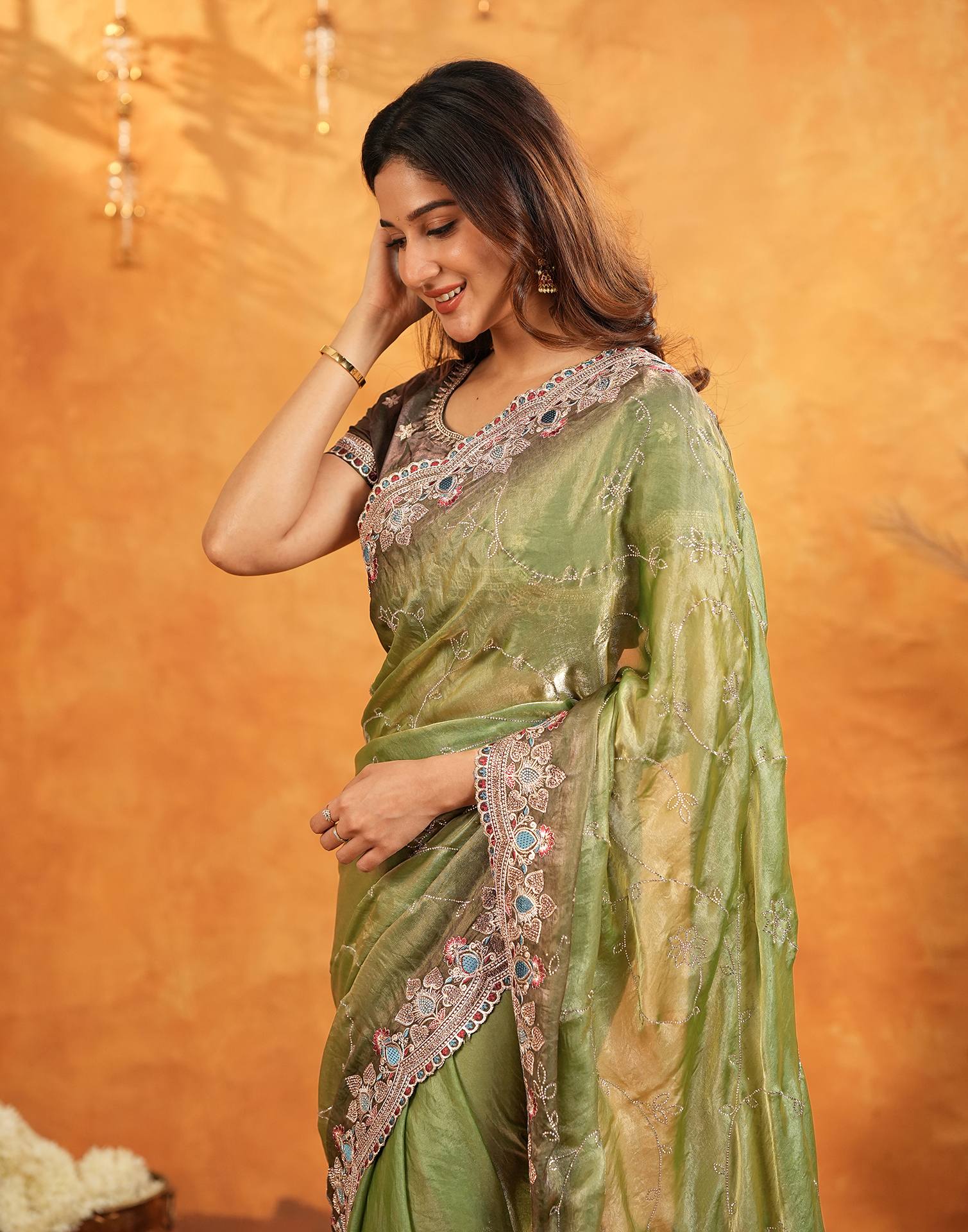 Light Green Tissue Silk Stone Work Embroidery Saree