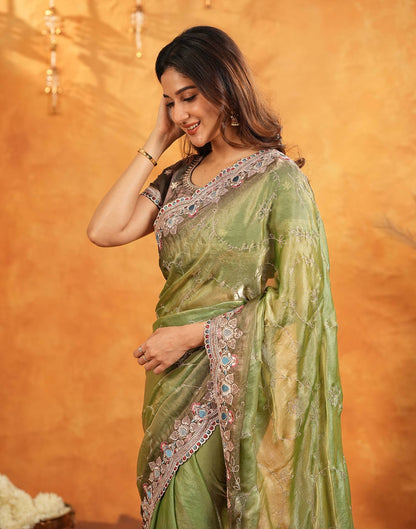 Light Green Tissue Silk Stone Work Embroidery Saree