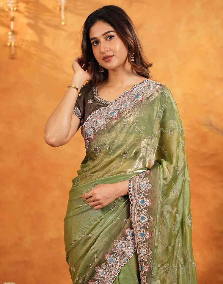 Light Green Tissue Silk Stone Work Embroidery Saree