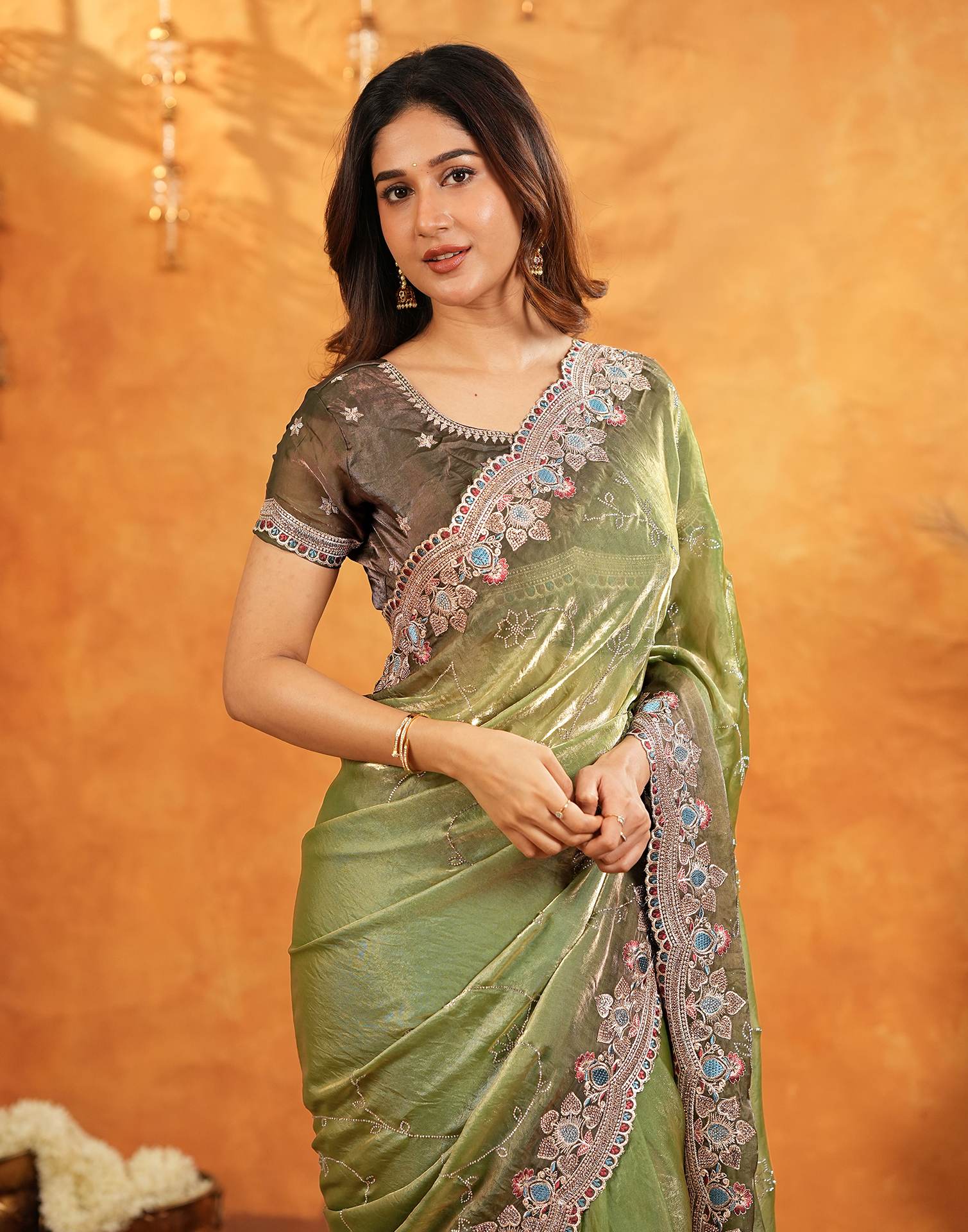 Light Green Tissue Silk Stone Work Embroidery Saree