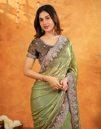 Light Green Tissue Silk Stone Work Embroidery Saree