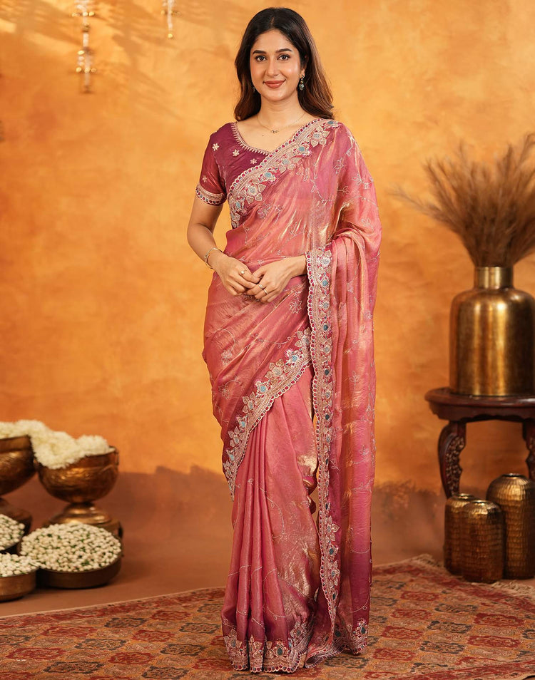 Peach Tissue Silk Stone Work Embroidery Saree