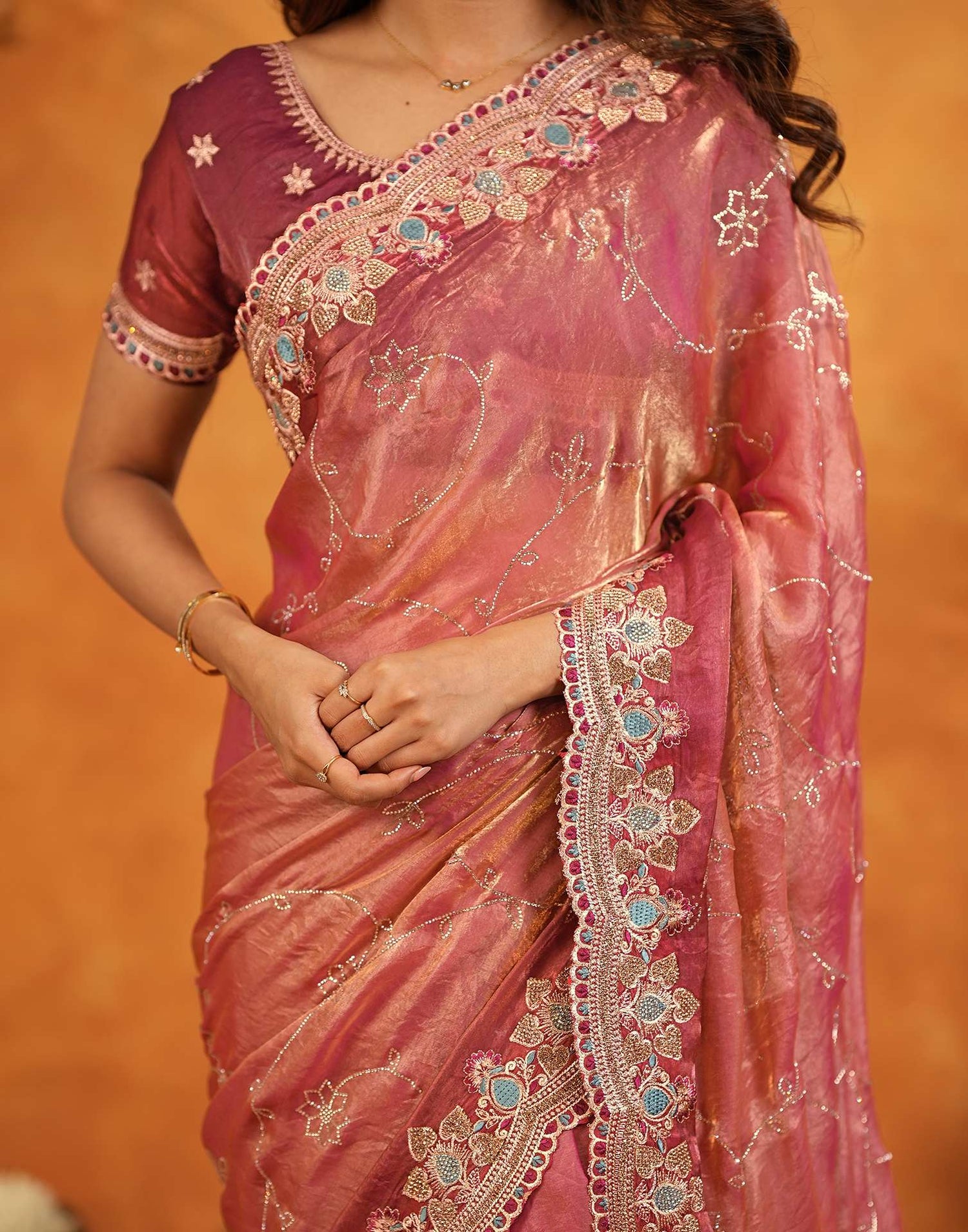 Peach Tissue Silk Stone Work Embroidery Saree