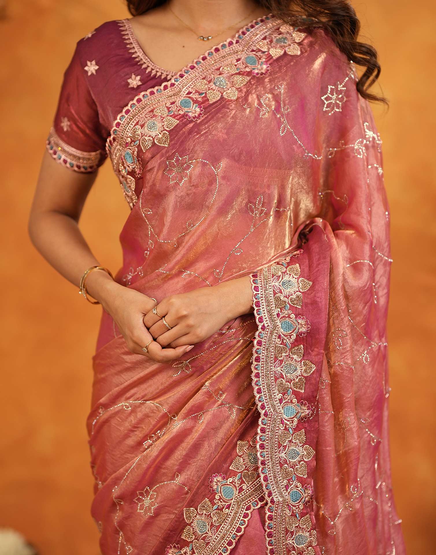 Peach Tissue Silk Stone Work Embroidery Saree
