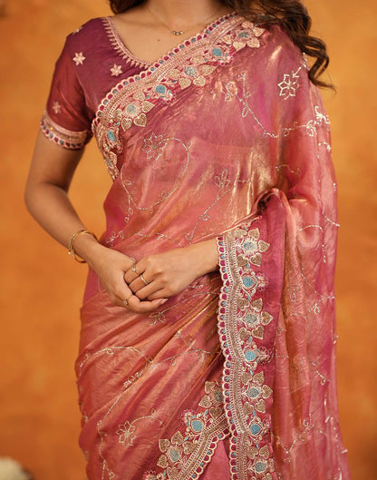Peach Tissue Silk Stone Work Embroidery Saree