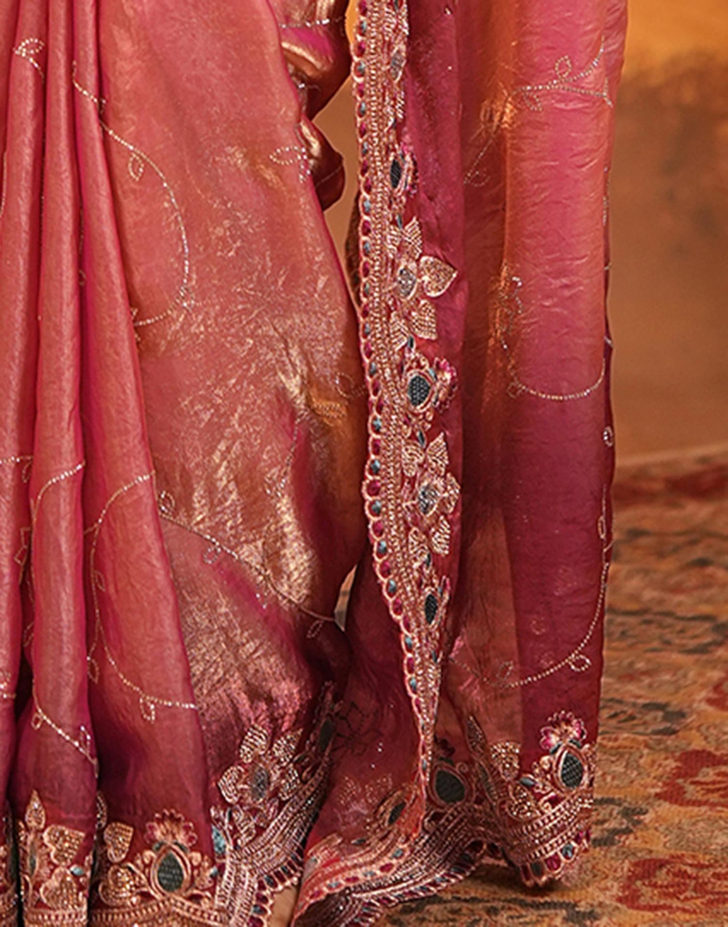 Peach Tissue Silk Stone Work Embroidery Saree