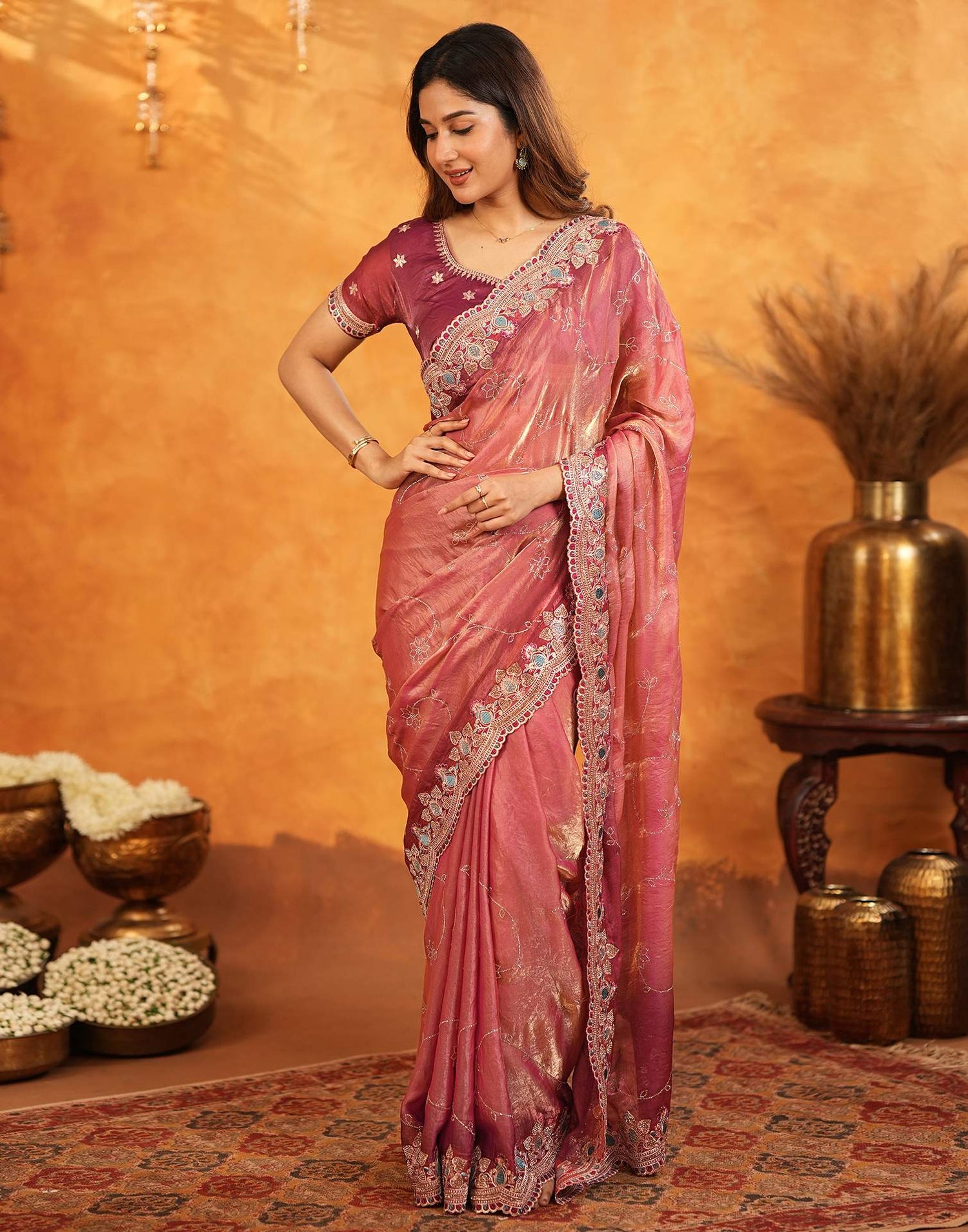 Peach Tissue Silk Stone Work Embroidery Saree