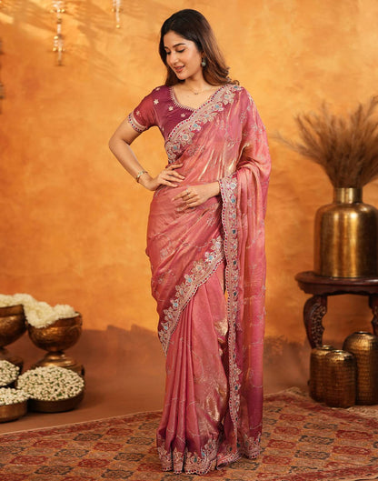 Peach Tissue Silk Stone Work Embroidery Saree