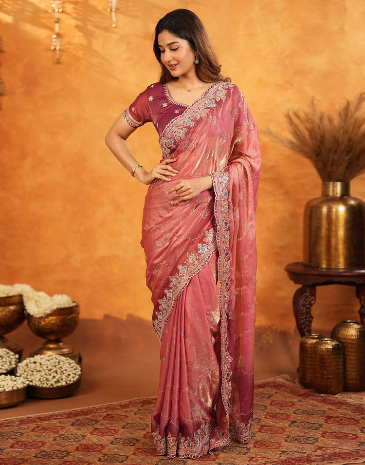 Peach Tissue Silk Stone Work Embroidery Saree