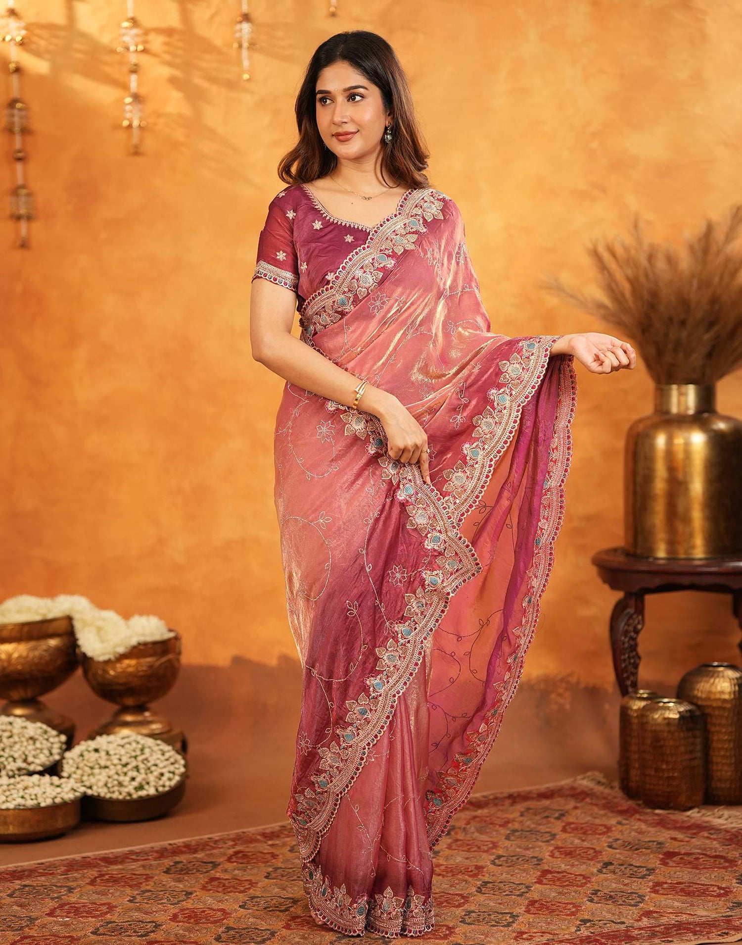 Peach Tissue Silk Stone Work Embroidery Saree