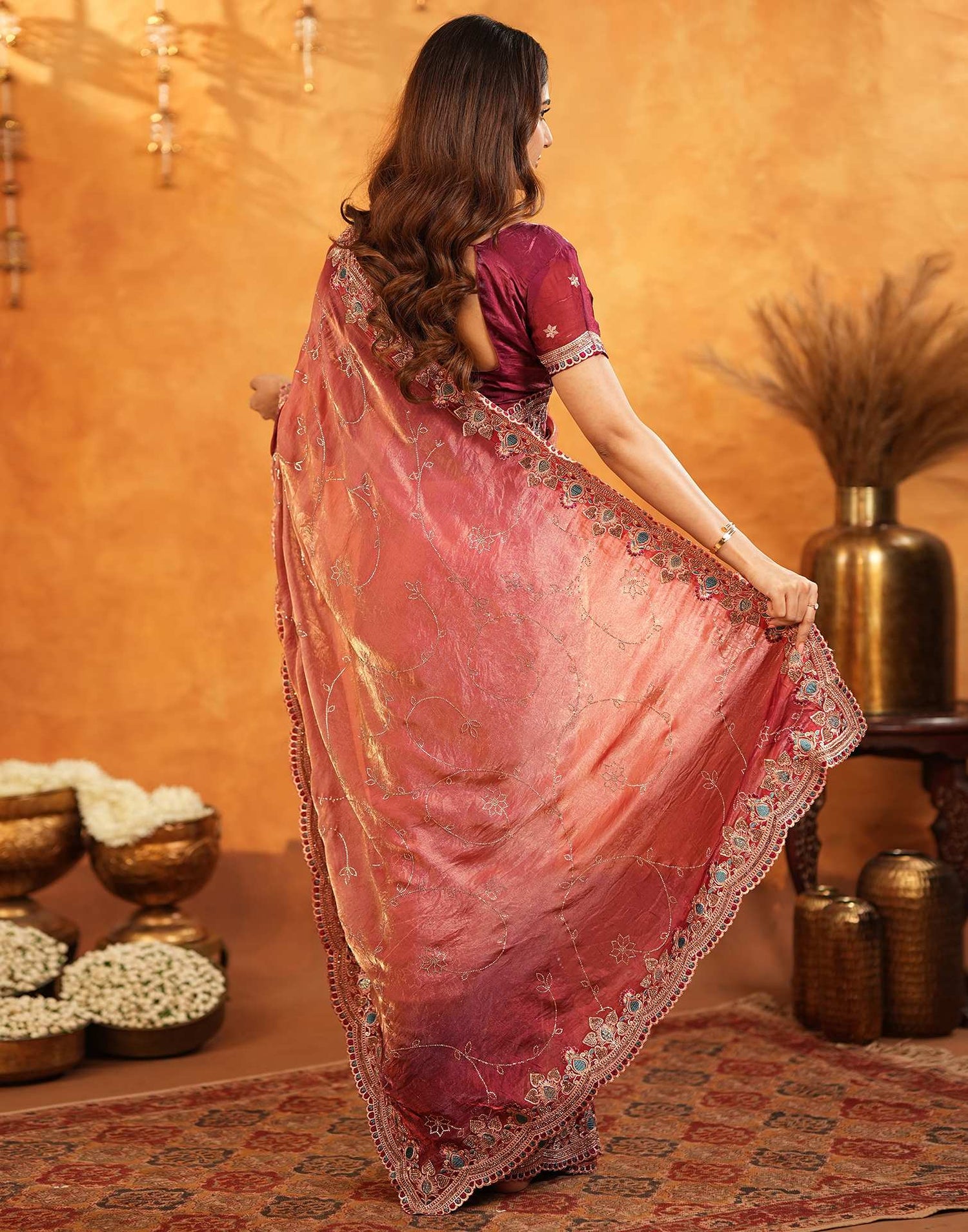 Peach Tissue Silk Stone Work Embroidery Saree