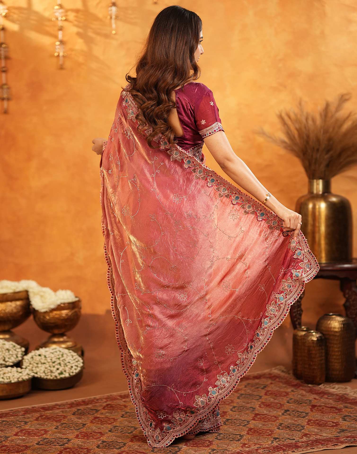 Peach Tissue Silk Stone Work Embroidery Saree