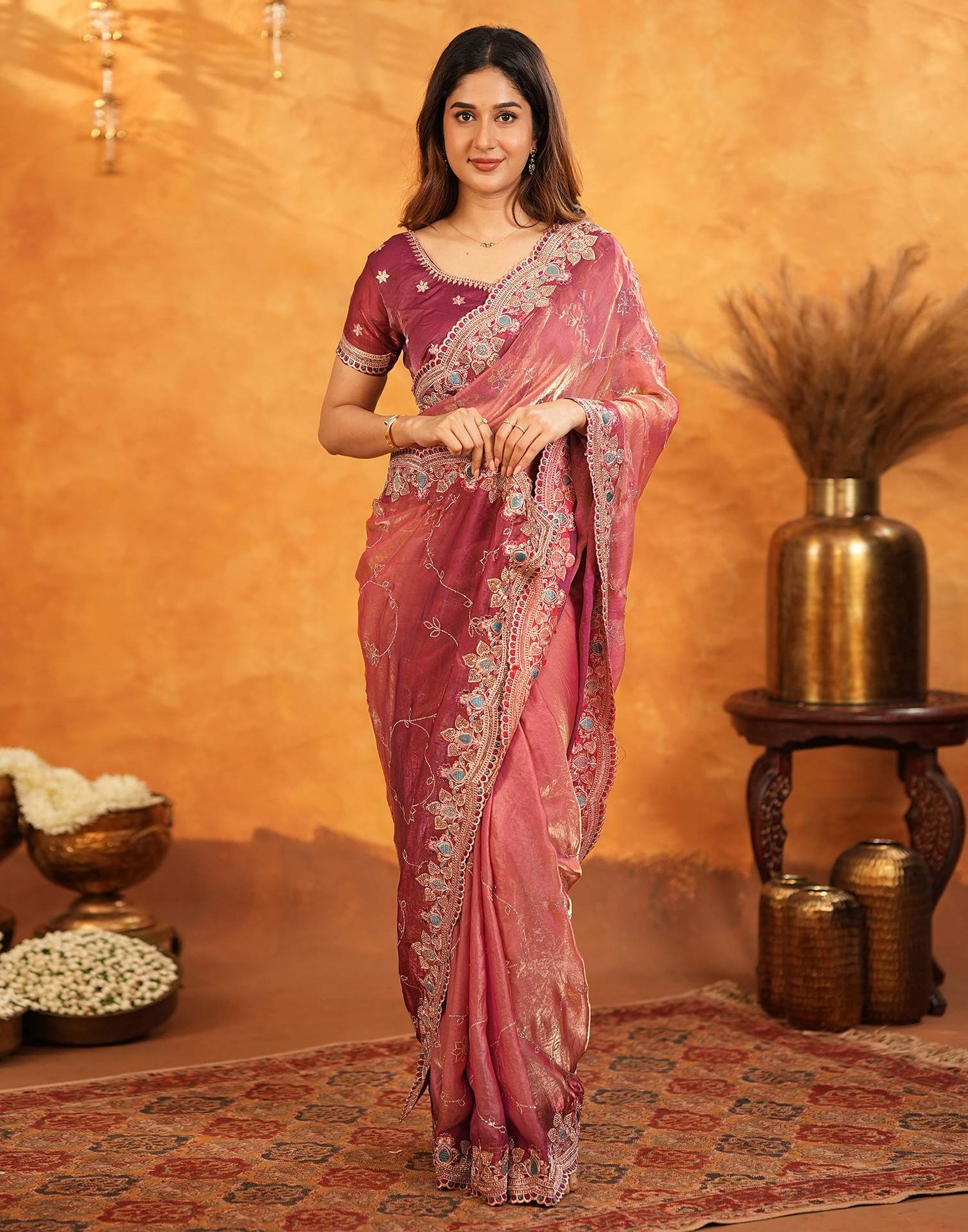 Peach Tissue Silk Stone Work Embroidery Saree