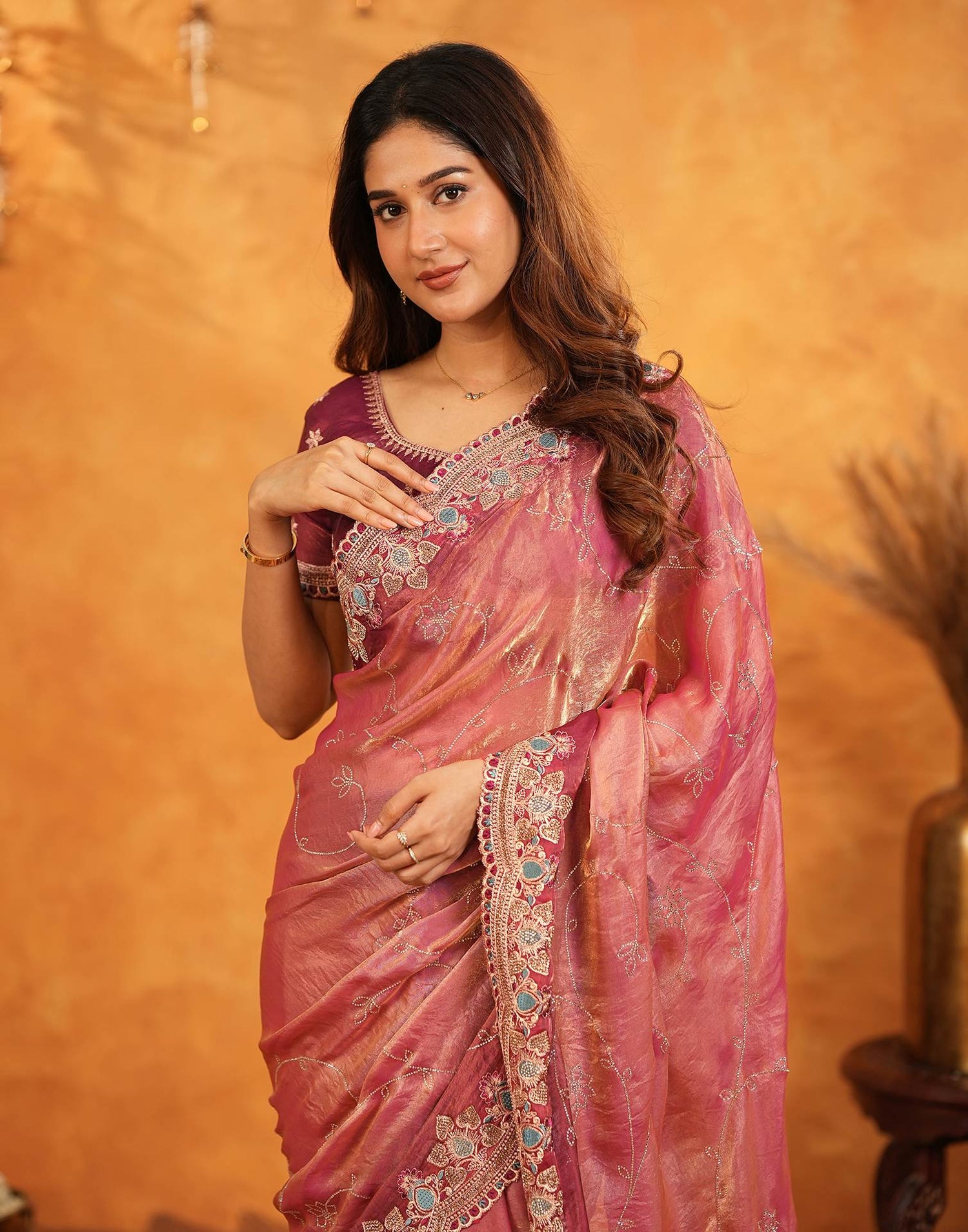 Peach Tissue Silk Stone Work Embroidery Saree