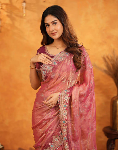 Peach Tissue Silk Stone Work Embroidery Saree