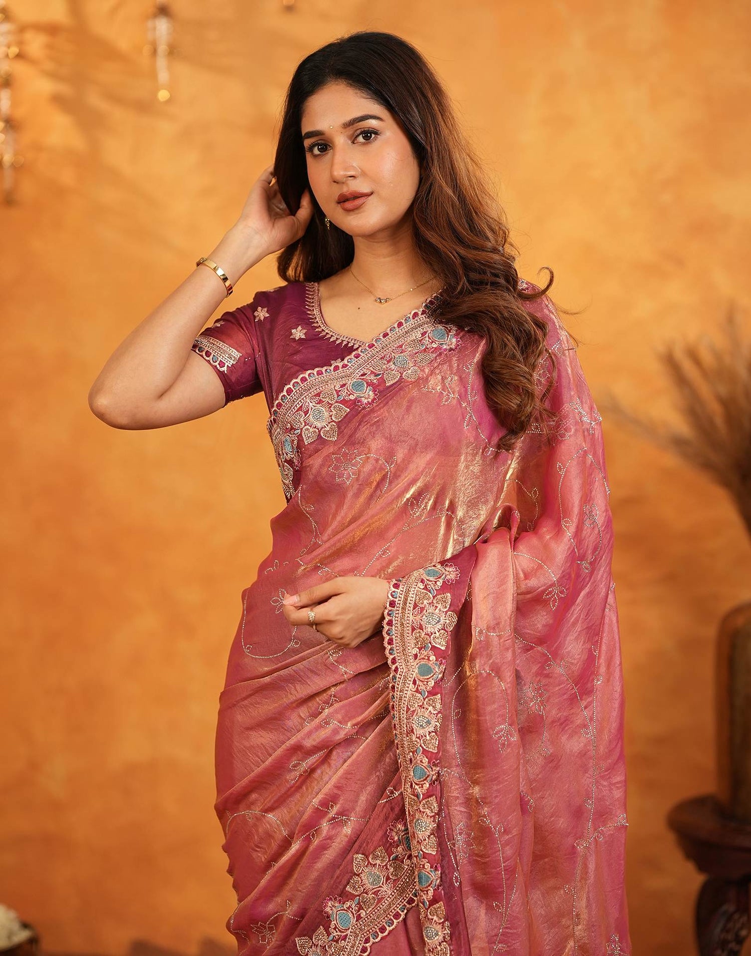 Peach Tissue Silk Stone Work Embroidery Saree