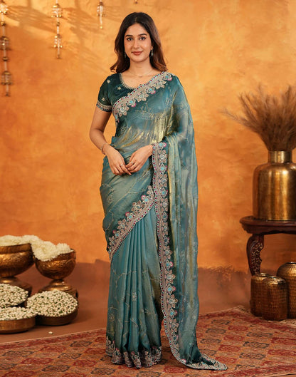 Teal Blue Tissue Silk Stone Work Embroidery Saree