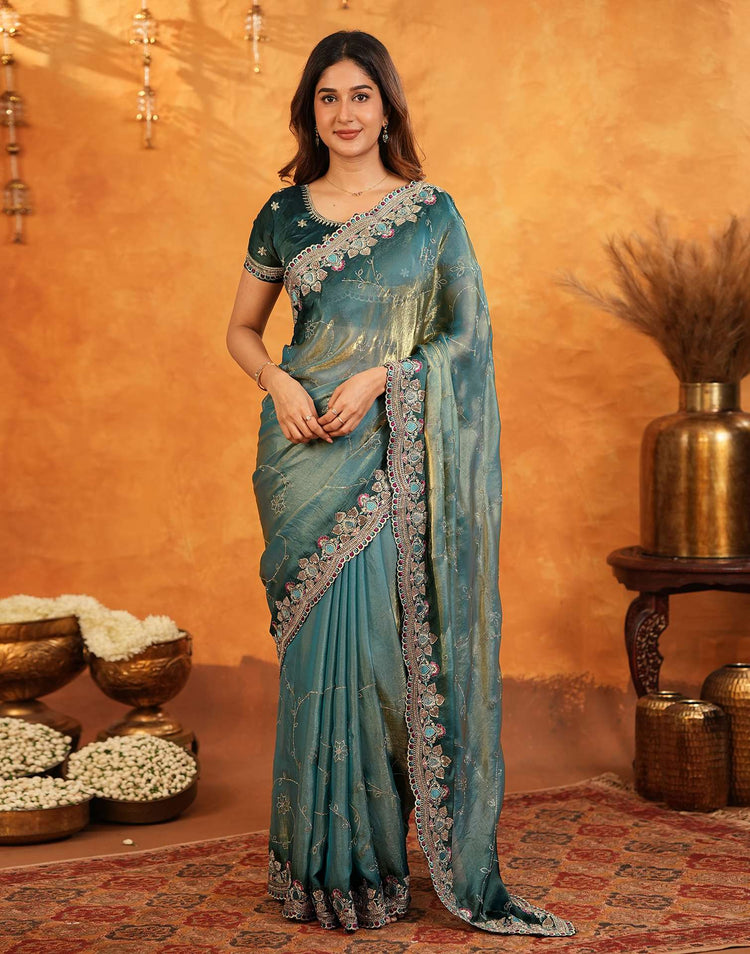 Teal Blue Tissue Silk Stone Work Embroidery Saree