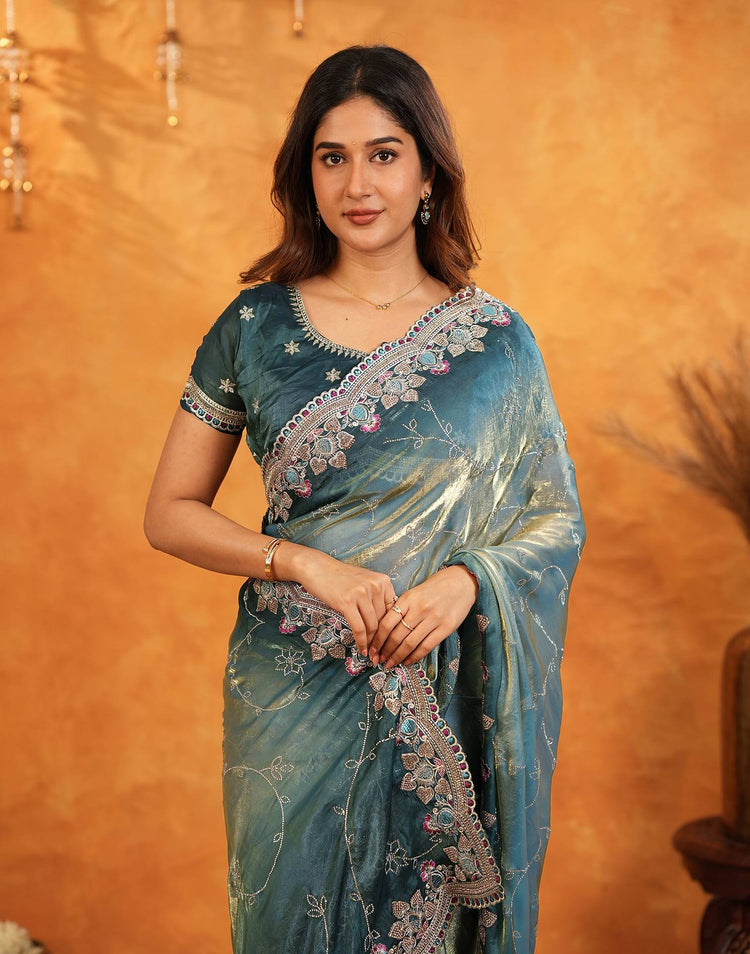 Teal Blue Tissue Silk Stone Work Embroidery Saree