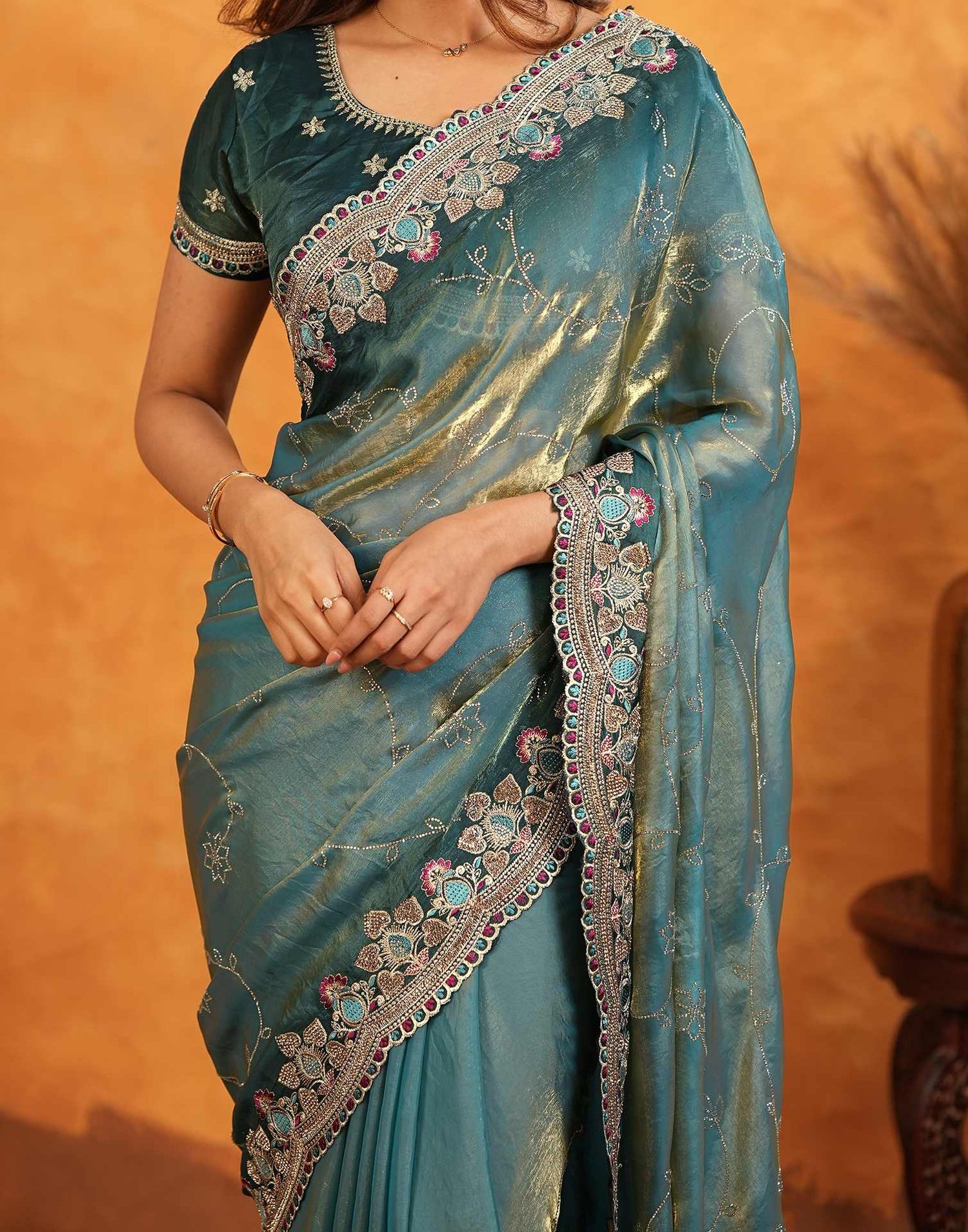 Teal Blue Tissue Silk Stone Work Embroidery Saree