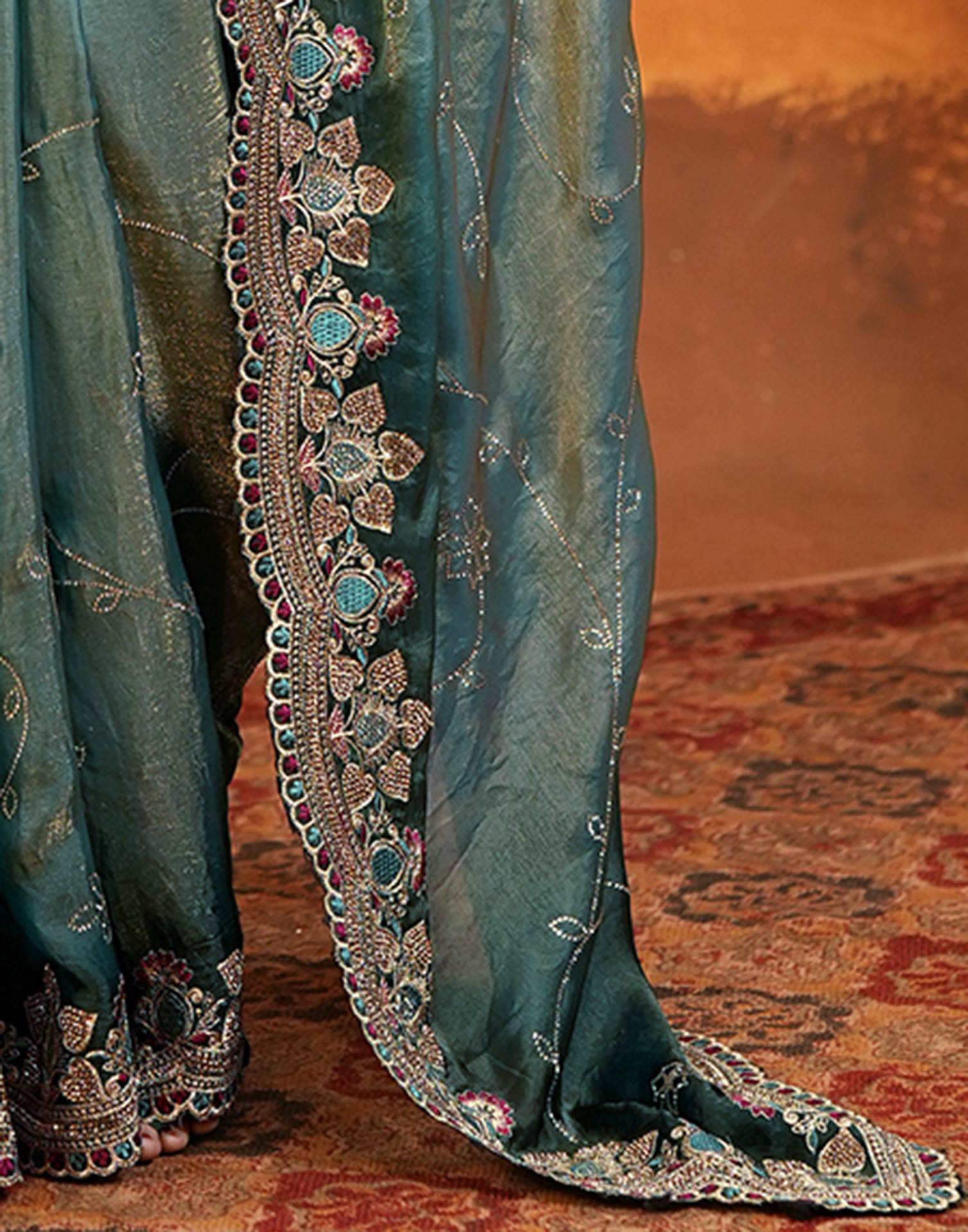Teal Blue Tissue Silk Stone Work Embroidery Saree