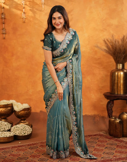 Teal Blue Tissue Silk Stone Work Embroidery Saree