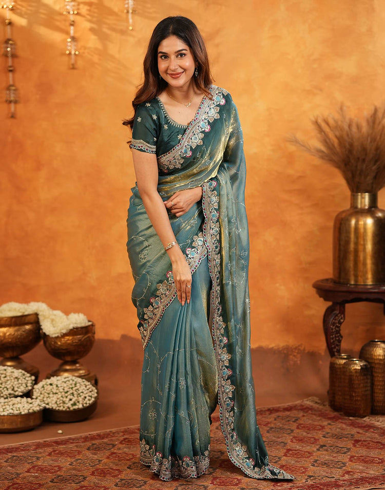 Teal Blue Tissue Silk Stone Work Embroidery Saree