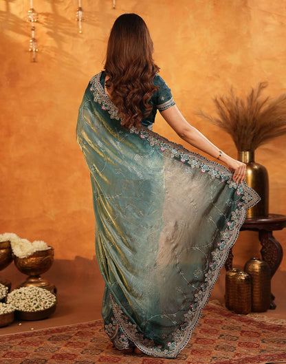 Teal Blue Tissue Silk Stone Work Embroidery Saree