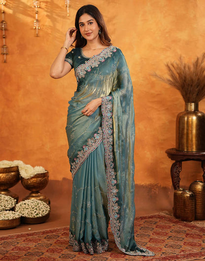 Teal Blue Tissue Silk Stone Work Embroidery Saree