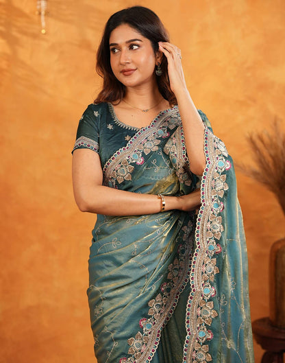 Teal Blue Tissue Silk Stone Work Embroidery Saree