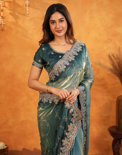 Teal Blue Tissue Silk Stone Work Embroidery Saree