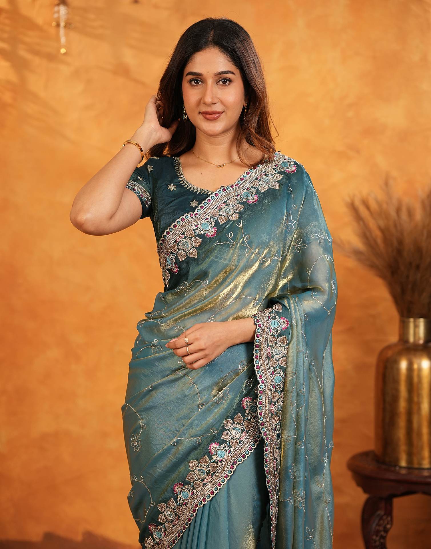 Teal Blue Tissue Silk Stone Work Embroidery Saree